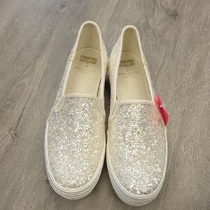 Kate Spade Glitter Slip-On Sneakers - Cream and Silver KEDS